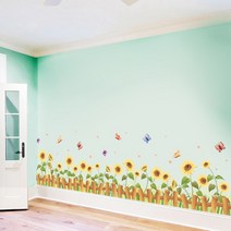 POMTOR 해바라기 시트지 포근 거실 소파 배경 일러스트스티커 침실 침대머리 벽지 접착, 08 해바라기 울타리