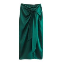 TRAF-매듭 소재 프론트 슬릿 새틴 미디 스커트 여성용 빈티지 하이 웨이스트 백 지퍼 여성 패션