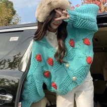 스트로베리 딸기 자수 브이넥 비비드 니트 빈티지 가디건