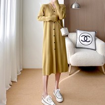 마이시즌 여성용 브이넥 버튼 니트 원피스