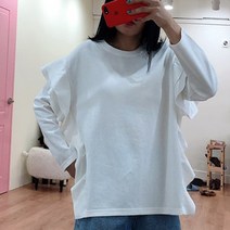 멜란지 날개 티셔츠 박스 긴팔티 여성 가을 프릴 여성복 셔링 긴팔