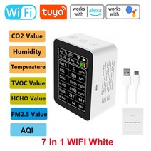 공기질측정기 미세먼지 산소농도 가스누출 tuya wifi 지능형 7 in 1 공기 품질 감지기 pm2.5 co2 tvoc hcho 온도 습도 aqi 감지기 공기 품질 모니터, 7 in 1 와이파이 화이트