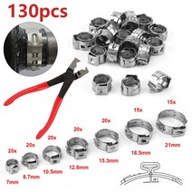 펜치 플라이어 130pcs 단일 귀 무단 호스 클램프 + 1pc 호스 클립 클램프 7-21mm 304 스테인레스 스틸 호스 클램프 신치 클램프 링, 130pcs 클램프