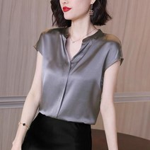 새틴 블라우스 여성 짧은 소매 탑 사무실 레이디 V 목 솔리드 컬러 오피스 여름 쉬폰 셔츠 Blus드