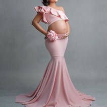 웨딩드레스 ruffles one shoulder maternity dress for photo 촬영 우아한 자르기 탑 maxi skirt set for baby shower, 분홍색, XL