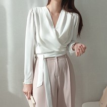 드레이프 브이넥 크로스 긴팔 백리본 숏 셔츠 크롭 하객 랩 블라우스