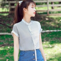 여름 한국판 반팔 블라우스 도트 패치 스트라이프 개성 하늘하늘칼라 시폰 셔츠