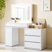 하프 3단서랍형 LED조명 확장형 화장대 세트, 하프 800 수납 화장대, 화이트