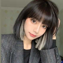 금발 시크릿 단발 통 염색 애쉬 투톤 보브컷 숏단발 전체 가발 중단발 그레이, 블랙투톤-에쉬그레이