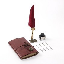 클래식 퀼 깃 깃털 딥 잉크 만년필 딥펜 노트 퀼펜 펜 세트 가죽 커버 다이어리 고전적 깃펜 깃털펜 레드, 상세 참조, 상세 참조