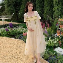 만삭촬영 임산부드레스 임부복 여름 자수 거즈 출산 롱 드레스 특대 느슨한 스트레이트 한 스타일 임산부 빈티지 임신 의류