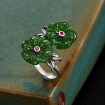 옥반지 옥가락지 혼주 천연 오리지널 주얼리 실버 상감 녹색 헤티안 옥 두 매화 개방 매력 반지