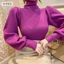 퍼프소매 하이넥 골지 슬림 니트