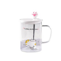 ANKRIC 머그잔 높은 붕규산 유리 창조적 인 만화 머그잔 뚜껑 숟가락 집 투명 컵 커피 컵 머그컵, 노란 고양이 세 조각 세트 컬러 박스