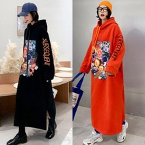 뉴욕멋쟁이 서브 트임 후드원피스 프린팅 롱후드티 기모롱원피스 여성 겨울롱티 겨울원피스