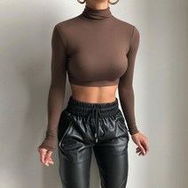 하이넥 블라우스 니트 면접 터틀넥 롱 슬리브 화이트 크롭 탑 캐주얼 패션 T 셔츠 블랙 여성 가을 겨울 티즈 브라운 베이직