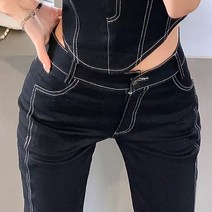 스티치 블랙 팬츠/박음질 스판 데님 흑청 슬림 부츠컷
