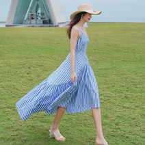 [하나비] 리게 여성 여름 브이넥 스트라이프 마디 주름 플레어 썬비치 원피스