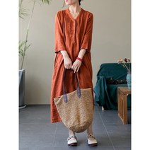 린넨 오버핏 롱 원피스 일본 유명 브랜드 클리어런스 스톡 레트 코튼 주름 드레스 V 넥