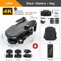 카메라 장착 전문 FPV 드론 장애물 회피 브러시리스 모터 RC 쿼드콥터 L800 프로 2 4K 3 축 짐벌 5G 와이파, 10 L800 Black 1B Bag
