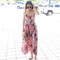 파파야 레드 쉬폰 민소매 여름 나시 플라워 롱원피스