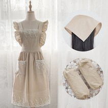 이정현 앞치마 백지영 프릴 레이스 원피스형 순수 면화 홈 주방 사용자 정의 귀여운 공주 스타일 베이킹 매니큐어 새로운 여성 바지 패션 작업복, 8.베이지세트(두건+토시)