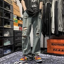 여름 패션 레트로 찢어진 청바지 남성 한국 스타일 캐주얼 느슨한 스트레이트 바지