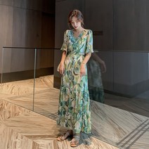 WITCH플라워 맥시 쉬폰 롱원피스 휴양지 반팔 여름 드레스