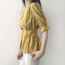 리리의감각 여름 벌룬 퍼프 소매 셔링 무지 리본 블라우스