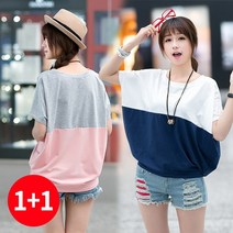 주디엘리 여성 1+1 볼드단가라 루즈핏 여름 반팔 티셔츠 1+1