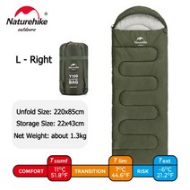 초경량 캠핑 침낭 Naturehike y150 3 계절 방수 봉투 성인용 후드가있는, l - 오른쪽 - 녹색