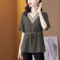 LS17300 V넥레이스 고급스런 패턴 반팔 롱 블라우스