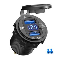 12/24V 알루미늄 금속 36W QC3.0 듀얼 USB 자동차 충전기 소켓 방수 전압계 스위치 빠른 충전 어댑터, 블루