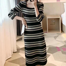 채윤러브 chaeyoon love 여성 단가라 줄무늬 스퀘어넥 캐주얼 긴팔 롱 원피스