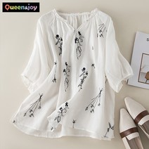 퀸앤조이 어거스트 꽃자수 린넨 7부 블라우스***판매자 퀸앤조이***