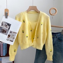 꽃 무늬 니트 가디건 조끼 스위트 스타일 자수 투피스 v 넥 긴 소매 카디건 여성 +