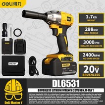 DeLiDL6531 브러시리스 무선 리튬 렌치 20V 리튬 전동 공구 2400RPM 3000IPM 298NM 40AH 1, DL6531