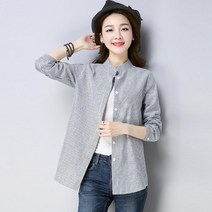 오르난 여성 스트라이프 스탠드넥 린넨 셔츠 G35544