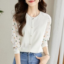 채윤러브 여성 라운드넥 도트무늬 땡땡이 긴팔 셔츠 블라우스