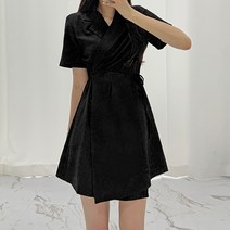 티데일리 여성용 린넨 카라 랩 반팔 미니 원피스