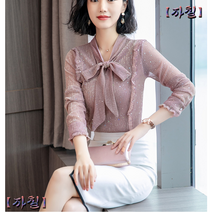 레이스 타이넥 슬림핏 프릴 블라우스 반짝이LS006