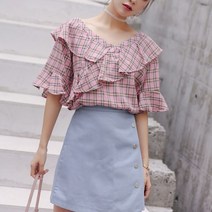 사선 프릴 화사한 러블리 체크 브이넥 5부 블라우스 132534EA