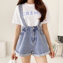 네쥬 여성 여름 롤업 데님 숏팬츠 청 멜빵 3부 반바지