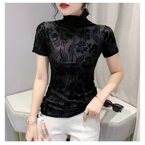 미미투 BT1834 여성 자카드 반팔티셔츠 타이트핏 반목 스판쫄티 여름