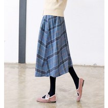 프린세스걸 쉬즈 블루 체크 앞주름 플레어 라인체크 밴딩 울 롱 스커트