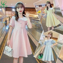 셀럽당 소녀용 여름 체크 반팔 원피스 A01330