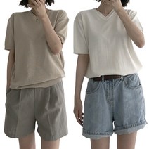 더블유먼트 여성용 린넨 브이넥 반팔 여름 니트 티셔츠 오버핏 루즈핏 빅사이즈