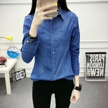 새로운 데님 셔츠 여성 진 봄 패션 chemise 여성 주머니 긴 소매 슬림 맞는 숙녀 블라우스 여성 의류