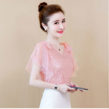 오프숄더블라우스 여름 셔츠여성 여신 레이스 오프숄더 2021년 시폰 반팔 서양식셔츠 상의 일자 여름옷