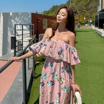 핑크 오프숄더 밴딩 플라워 휴양지 비치 롱 원피스 OP18985F